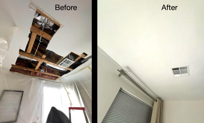 Before and after a large ceiling repair around an air vent