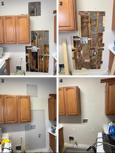 Four stages of a kitchen wall repair between cabinets