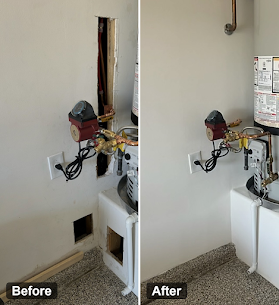 Before and after garage wall openings near a water heater