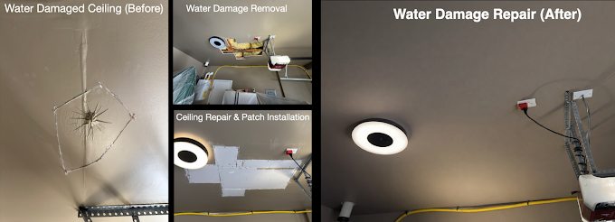 Progress and finished views of a water-damaged ceiling repair